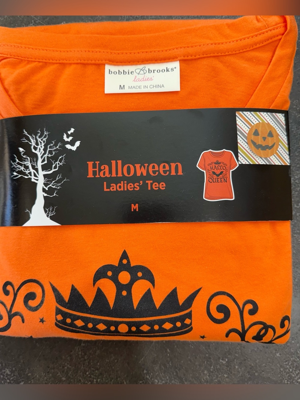 Bobbie Brooks Orange Ladies' Halloween Tee with Black Pumpkin Queen Crown